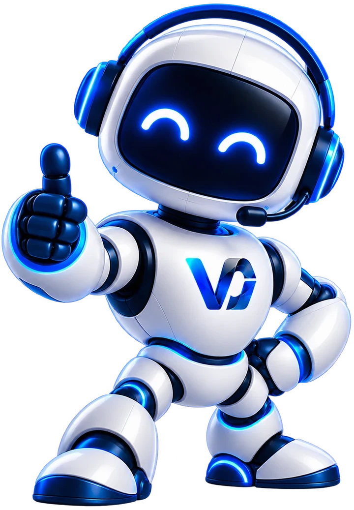 Mascote da Voolgo Tech: robô branco com detalhes azuis, fone com microfone e o símbolo VG no peito, fazendo sinal de positivo