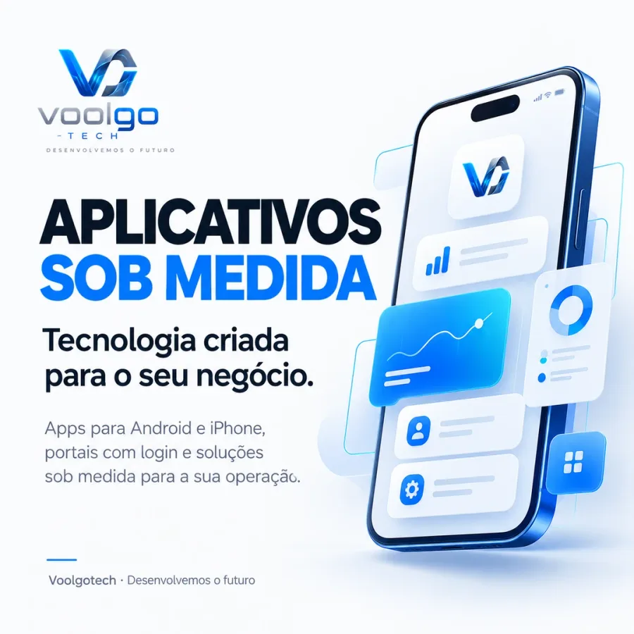 Arte “Aplicativos sob medida — Tecnologia criada para o seu negócio”: apps para Android e iPhone, portais com login e soluções sob medida para a sua operação.