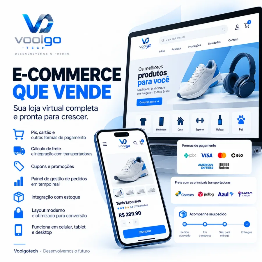 Arte “E-commerce que vende — sua loja virtual completa e pronta para crescer”: Pix, cartão e outras formas de pagamento; cálculo de frete e integração com transportadoras; cupons e promoções; painel de gestão de pedidos em tempo real; integração com estoque; layout otimizado para conversão; funciona em celular, tablet e desktop.