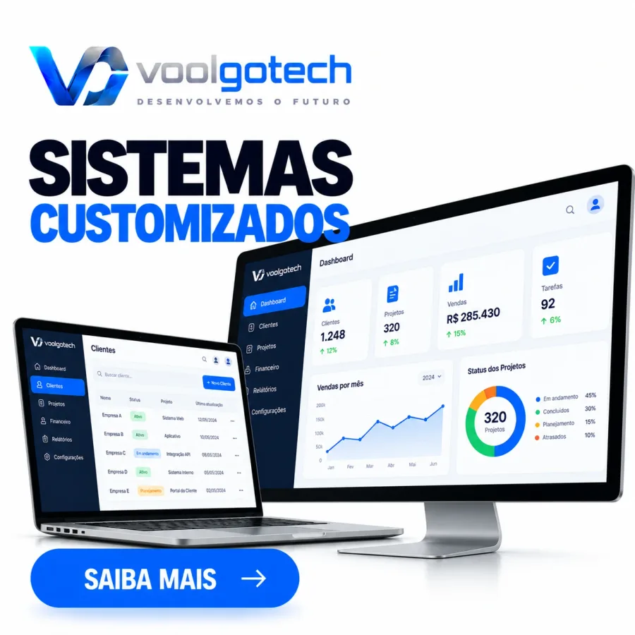 Arte “Sistemas customizados”: painel de exemplo com clientes, projetos, financeiro e relatórios no computador e no notebook.